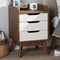 Baxton Studio Brighton-Walnut/White-NS Brighton Mid-Century Modern White and Walnut Wood 3-Drawer Storage Nightstand